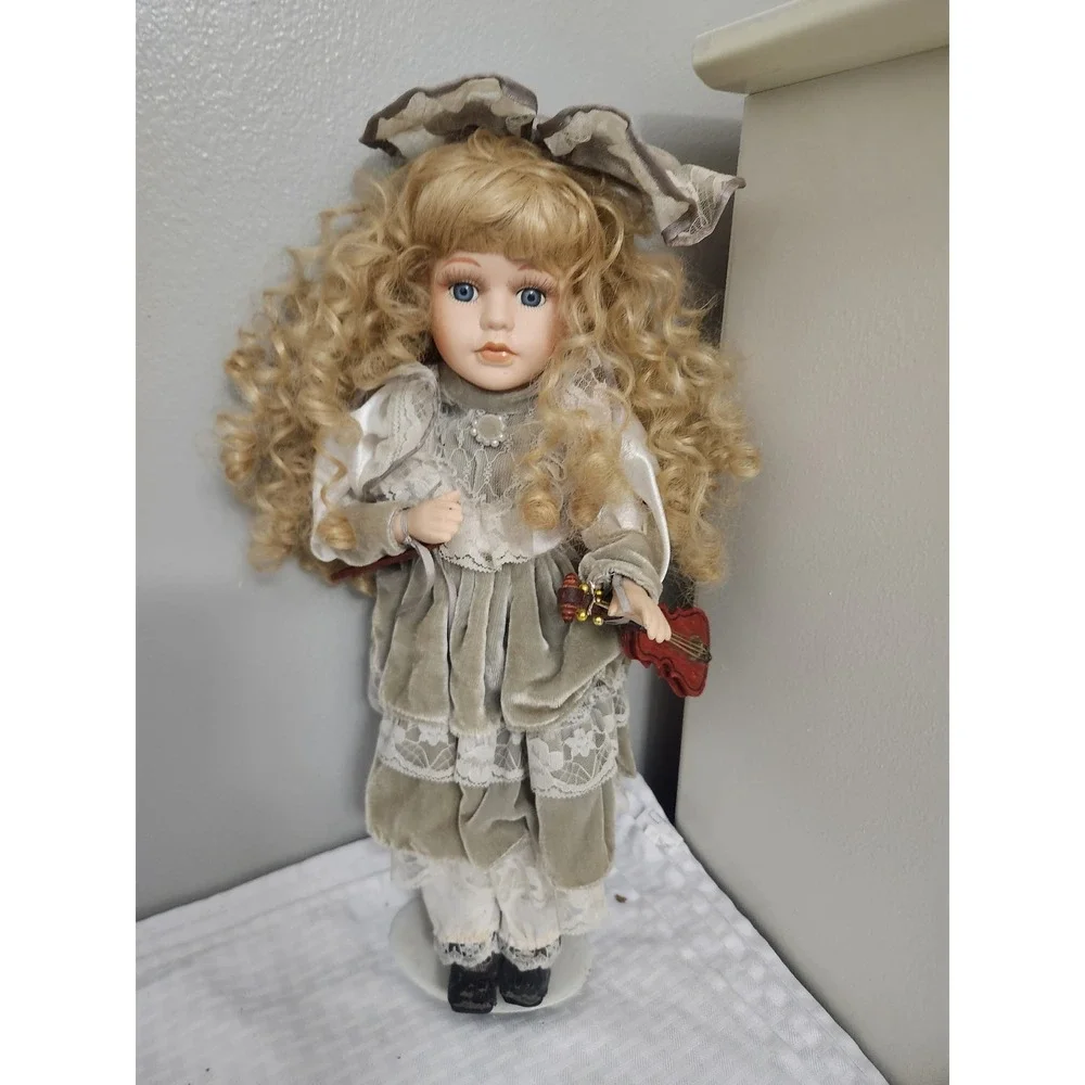 Vintage Porcelain Doll Blonde Curls Blue Eyes Velvet Lace Dress Violin 16 inch